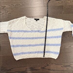 Lulus Cream and Blue Striped Cotton V-Neck Sweater
